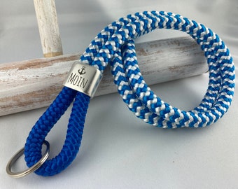 Lanyard made of sailing rope with a silver-plated intermediate piece with engraving "Moin", blue/blue-white
