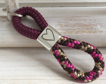 Key ring made of sailing rope with silver-plated intermediate piece with engraving "Heart", maritime key ring, aubergine/brown-pink mix