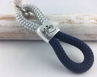 Key ring made of sailing rope with a silver-plated intermediate piece with engraving "mine", light gray/dark blue