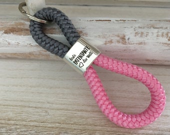 Key ring made of sailing rope with a silver-plated intermediate piece with engraving "Best Godmother in the World" grey/pink