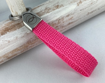 Keyring made of webbing with stainless steel end cap with engraving "Fish", fuchsia