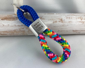 Keyring made of sailing rope with engraved spacer bearing the inscription "Bring on the good life", blue/rainbow, sailing rope, nautical