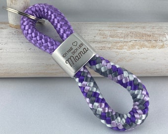 Key ring made of sailing rope with a silver-plated connector with the engraving "I love you Mama", lavender/purple-grey mix