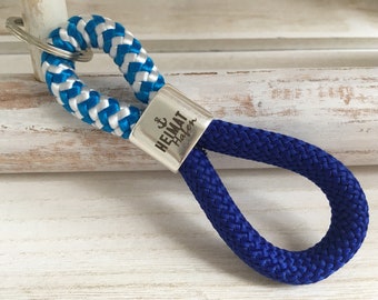 Keychain made of sailing rope with silver-plated intermediate piece with engraving "home port", maritime key ring, blue-white/ blue