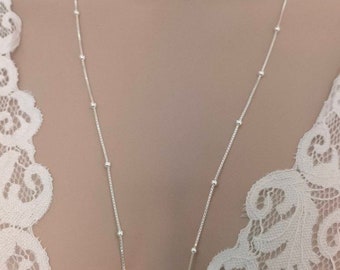 Women's long silver beaded necklace, new Thanina jewelry