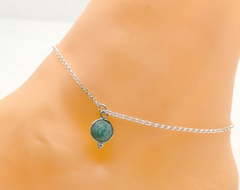 Bracelet chaîne de cheville en argent 925 pendentif amazonite maille rolo Thanina bijoux