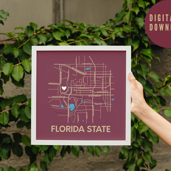 FSU College Hometown City of Tallahassee Florida Map Art w Red Background DIGITAL DOWNLOAD Square and Portrait Aspect Ratios included