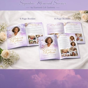 May include: An advertisement for Diamond Cut Customs, showcasing memorial service booklets. The booklets are open, revealing photos and text. The design is lavender with floral details. Text includes "Signature Memorial Services" and "Celebration of Williams."