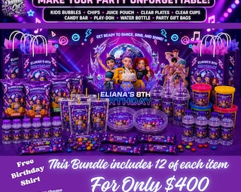 Neon Birthday Party Favor Package | Custom Kids Party Treats, Bubbles, Cups, Plates & Chip Bags | Any Name and Age