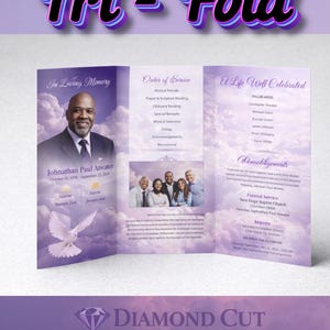 May include: A tri-fold memorial service program with a purple and white design. The program includes a photo of a man, service details, and acknowledgements. The text "Tri-Fold" is at the top.