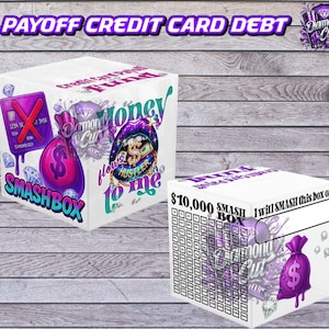 May include: Two white boxes with purple and teal graphics. One box has a credit card with an X, a money bag, and the word "SMASHBOX". The other box has a chart for $10,000 and the words "I will SMASH this box on:"
