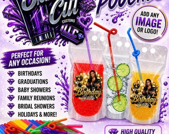 Custom Photo Clear Drink Pouches with Colorful Straws| Personalized Party Pouches for Any Occasion
