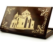 Wooden BACKGAMMON SET, Personalized Board Game Armenian Nardi, wood game, Carved Hripsime Church, Handmade backgammon, engraving table game