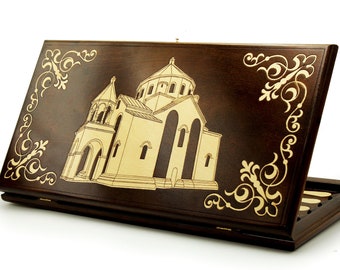 Wooden BACKGAMMON SET, Personalized Board Game Armenian Nardi, wood game, Carved Hripsime Church, Handmade backgammon, engraving table game