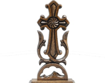 Cruz de madera armenia, cruz personalizada, Khachkar, cruz de madera tallada con soporte, crosefix cristiano de nogal hecho a mano, cruces grabadas arte