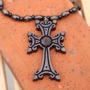 Cross wooden necklace pendant Hand Made walnut Wood ARMENIA souvenir Christian crosefix carved