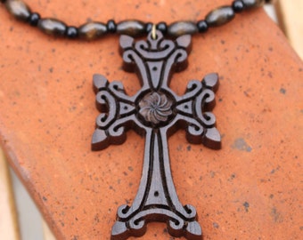 Cross wooden necklace pendant Hand Made walnut Wood ARMENIA souvenir Christian crosefix carved