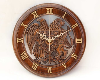 Armenian Handmade Wood carving Decor Clock for wall Handwork Decor art Gift Clock Coat of Arms