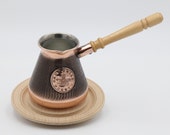 4 Cups 13 oz Copper Turka Turkish Coffee Pot Maker Cezve Ibrik Armenia Jezve Jazve Armenian coffee maker with wooden plate cup holder