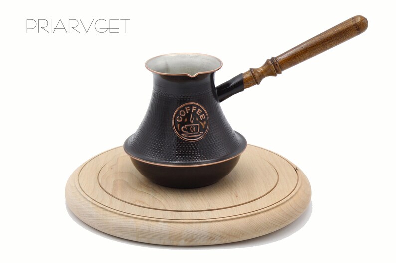Handmade Solid Brass Turkish Coffee Pot (Cezve/Ibrik) - 2 Cup (80ml) Size, Wooden Handle, Egyptian Made