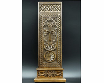VERY ORIGINAL!!! ARMENIAN ""KhachkaR"" Personalised on stand Hand Made walnut Wood Christian crosefix carving engraved wooden stand crosses