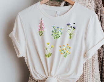 Camiseta de flores silvestres con diseño floral botánico de acuarela
