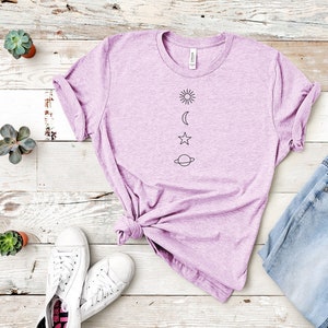 Celestial Sun Moon Stars Planet T-Shirt for Women. Mystical Astronomical Cosmos Tee. Minimalist Astrology Shirt. Modern Simple Graphic Shirt