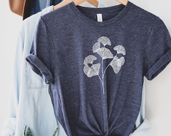 Gingko Leaf Tshirt, Botanical Nature Tshirt, Leaf Tshirt, Boho Womens Tee, Navy Tshirt, Cute Nature Shirt, Minimalist Tshirt, Botanical Tee