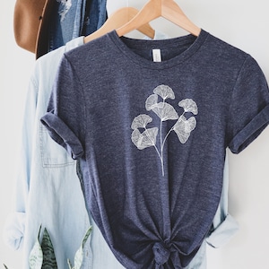 Gingko Leaf Tshirt, Botanical Nature Tshirt, Leaf Tshirt, Boho Womens Tee, Navy Tshirt, Cute Nature Shirt, Minimalist Tshirt, Botanical Tee Heather Midnight Nav