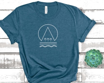 Modern Geometric Abstract Camping T-Shirt for Women. Ladies Wild Camping Hiking Mountains Wilderness Shirt. Simple Minimalist Design.