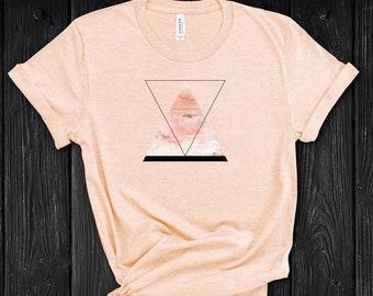 Rose Gold Geometric Triangle Modern T-Shirt for Women. Minimalist Abstract Geometry Design with Peach, Pink, Grey and Rose Gold Graphic Tee