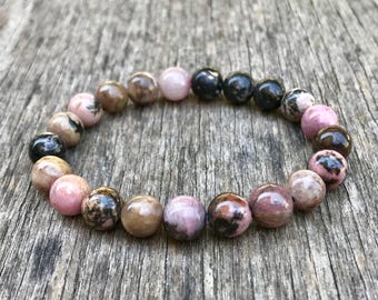 Rhodonite Bracelet Handmade 8mm Pink Rhodonite with Black Inclusion Beaded Gemstone Bracelet Stack Bracelet Unisex Bracelet Gift Bracelet