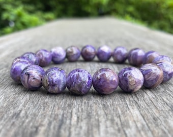 Braccialetto grosso in charoite, fatto a mano, di grado A, da 10 mm, con perline di pietra preziosa russa in charoite, braccialetto impilabile in charoite viola, braccialetto rilassante
