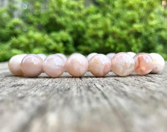 Bracciale in agata con fiori di ciliegio molto spesso, bracciale in agata Sakura da 13 mm con perline di pietre preziose, bracciale in agata rosa e bianca, bracciale regalo