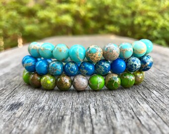 Impression Jasper Bracelet 8mm Dyed Blue Teal And Green Impression Jasper Beaded Gemstone Bracelet Jasper Stack Bracelet Gift Bracelet
