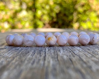 Bracciale in agata con fiori di ciliegio, bracciale in agata Sakura da 8 mm, bracciale con pietre preziose e perline in agata rosa e bianca, bracciale unisex, bracciale regalo