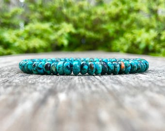 Natural Hubei Turquoise Rondelle Bracelet Handmade 6mm Blue Turquoise With Brown Black Matrix Beaded Bracelet Blue Chocolate Turquoise Gift