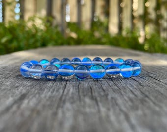 Blue Mystic Aura Quartz Beaded Bracelet Light Blue Aura Bracelet Beaded Stack Bracelet Handmade Jewelry Gift Bracelet Healing Bracelet