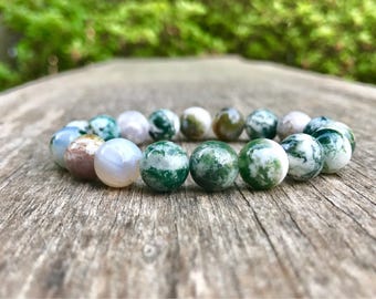 Chunky Moss Agate Bracelet Handmade 10mm Green Moss Agate Beaded Gemstone Bracelet Stack Bracelet Unisex Bracelet Gift Bracelet