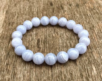 Bransoletka z masywnego, niebieskiego, koronkowego chalcedonu, koraliki, klasa AAA, 10 mm, niebieski, koronkowy agat, bransoletka unisex, bransoletka z koralikami, bransoletka prezentowa