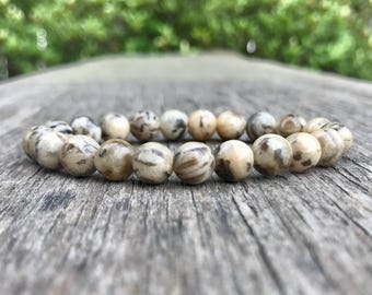 Feldspar Bracelet 8mm Gray Brown Feldspar in Beige Quartz Host Beaded Gemstone Bracelet Stack Bracelet Unisex Bracelet Gift Bracelet