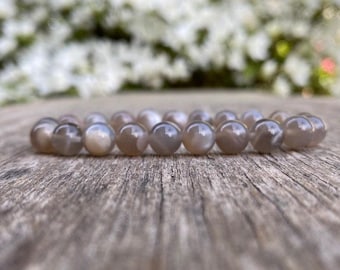Pulsera de piedra lunar color canela, hecha a mano, con cuentas de feldespato negro de 8 mm, pulsera de piedras preciosas, pulsera apilable de piedra lunar color canela, pulsera de cuentas relajantes