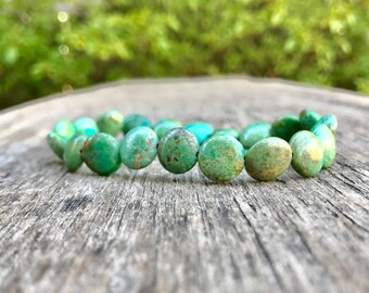Hubei Turquoise Coin Bracelet Natural 10mm Chinese Turquoise Beaded Coins Rustic Green And Brown Hubei Turquoise Coin Bead Bracelet