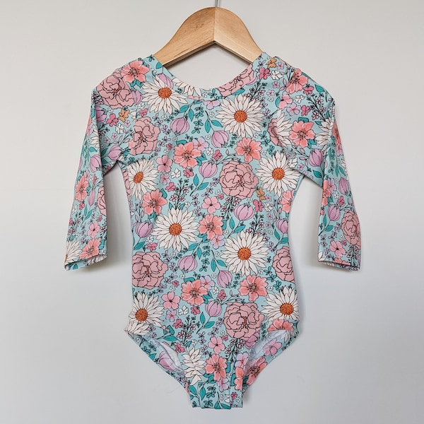 Aqua Floral Leotard - Organic Girls Leotards  - Dance Leotard - Leotard with optional snaps - Baby Leotard - Toddler Leotard