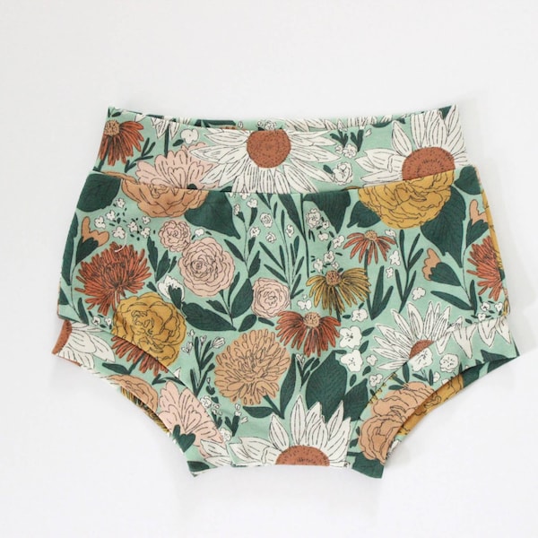 Daises on Mint Shorties - Floral Bummies - Earth Tone Bummies - Toddler Summer Clothing - Floral Baby Bloomers - Organic Baby Clothes