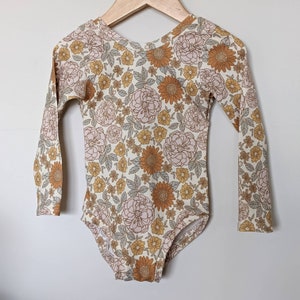 Retro Floral Leotard - Organic Girls Leotards  - Dance Leotard - Leotard with optional snaps - Baby Leotard - Toddler Leotard