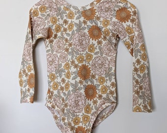 Retro Floral Leotard - Organic Girls Leotards  - Dance Leotard - Leotard with optional snaps - Baby Leotard - Toddler Leotard