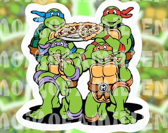 90's Turtles with Pizza Sticker, Teen Turtles, TMNT Stickers, 90s Kids Stickers, Pizza Stickers, Turtle Stickers