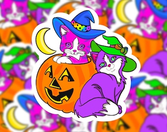 Gatitos de Halloween de los 90 Halloween de neón Arco iris de Halloween de los 90 Pegatina