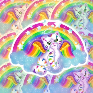 90's Rainbow Kitten, 90's Aesthetic, 90's Stickers, Retro Stickers, Rainbow Stickers, Rainbow Aesthetic, Kitten Stickers, 90's Kittens